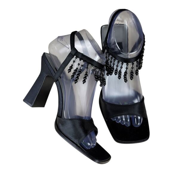9&Co P-Shake Black Beaded Fringe Heels Square Toe Sandals Women’s Size 7M‎ - Picture 1 of 9